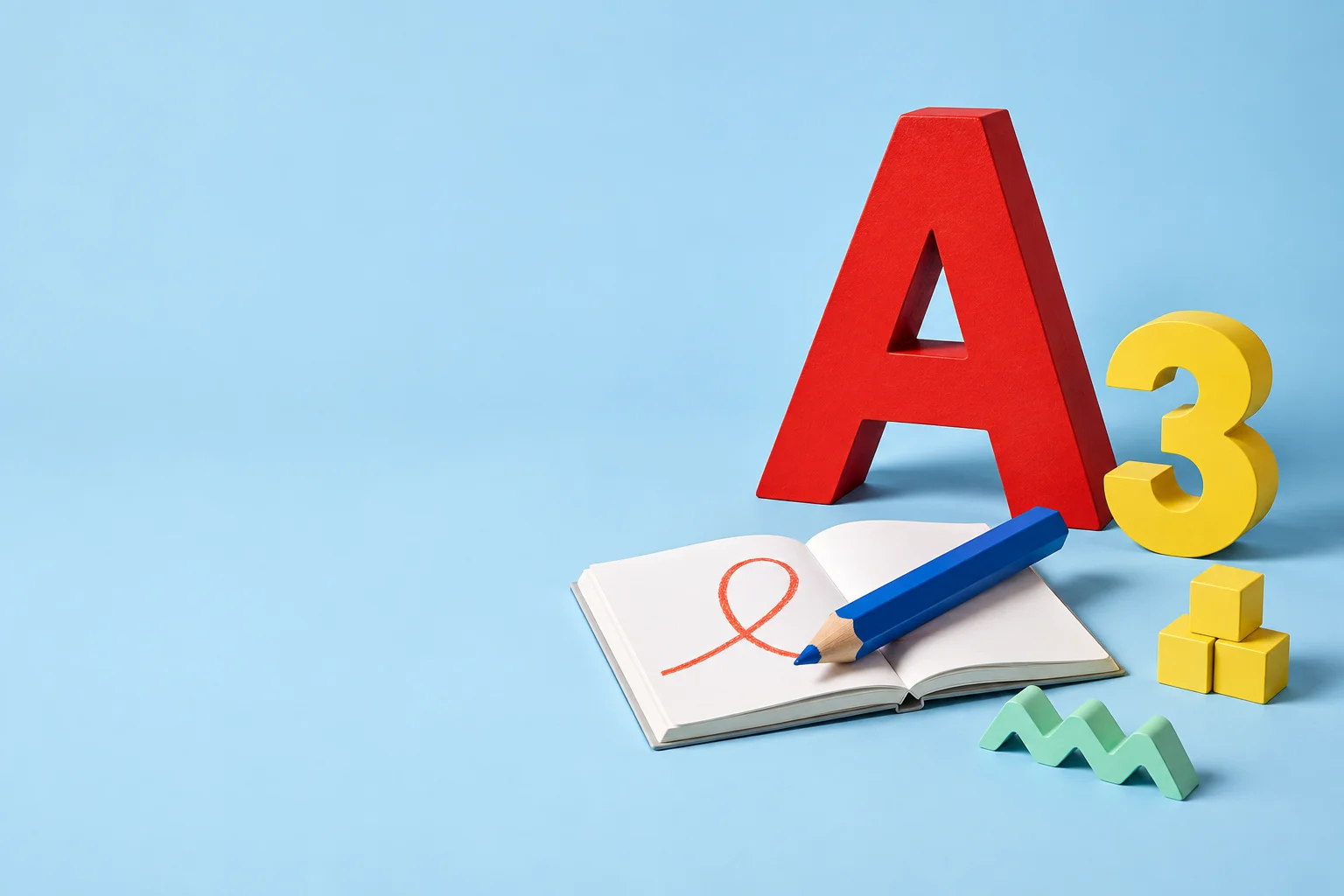 A red wooden letter A, yellow number three and blue pencil on an open tracing notebook